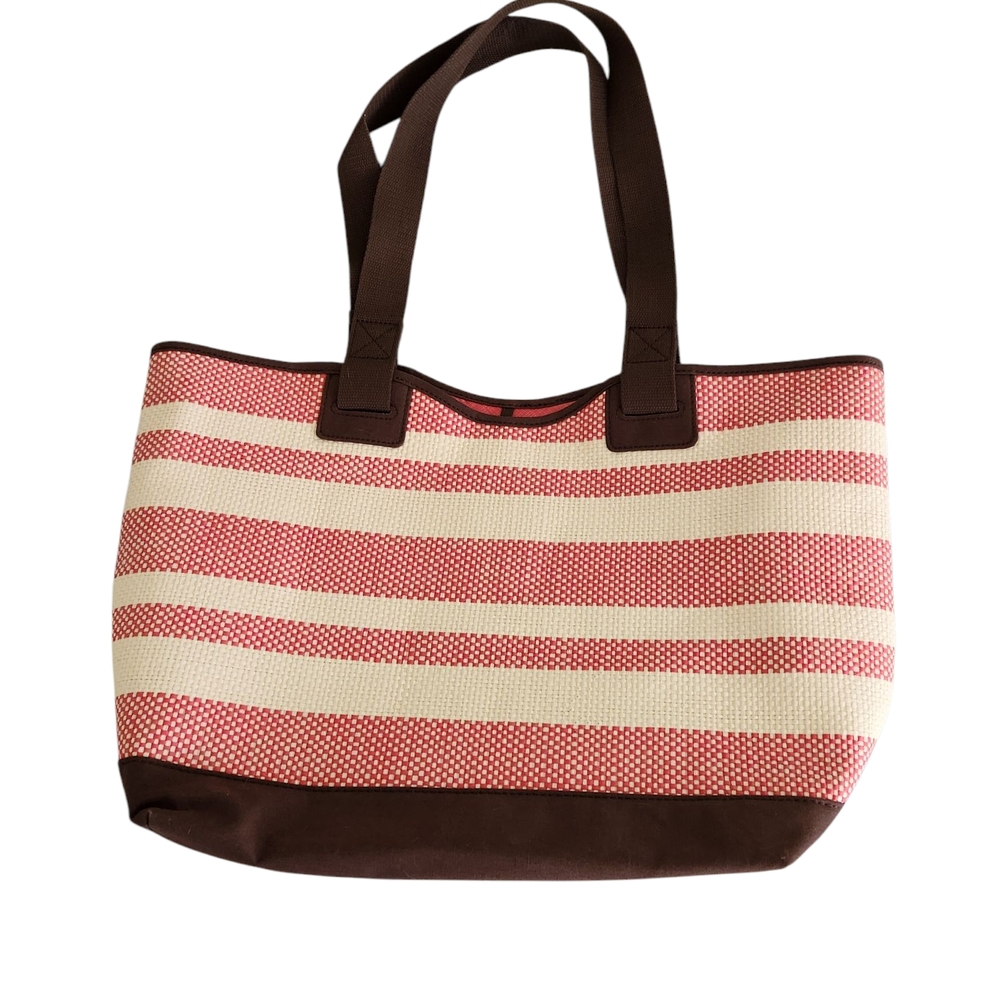 New Thirty-one Canvas Straw Crew Pink Cream Stripe Tote Large Bag 14 x 13 x 7